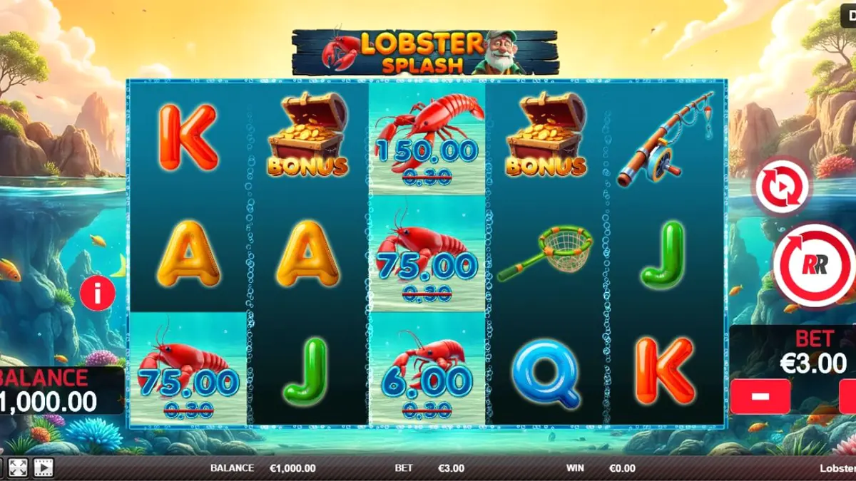 Interface vibrante e colorida do slot Lobster Splash com elementos subaquáticos