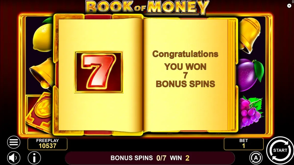 Painel de jogo do slot Book of Money com símbolos clássicos e o livro dourado